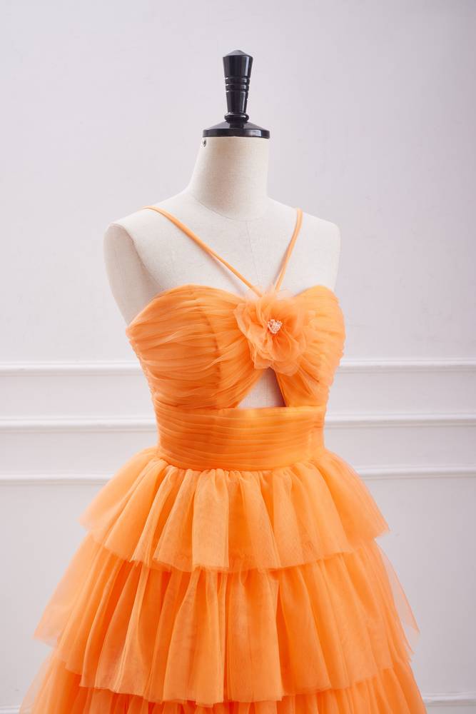 Orange Spaghetti Straps Tiered Tulle Homecoming Dresses