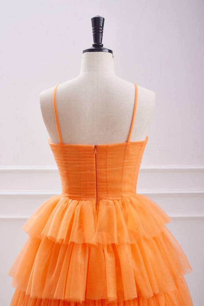 Orange Spaghetti Straps Tiered Tulle Homecoming Dresses
