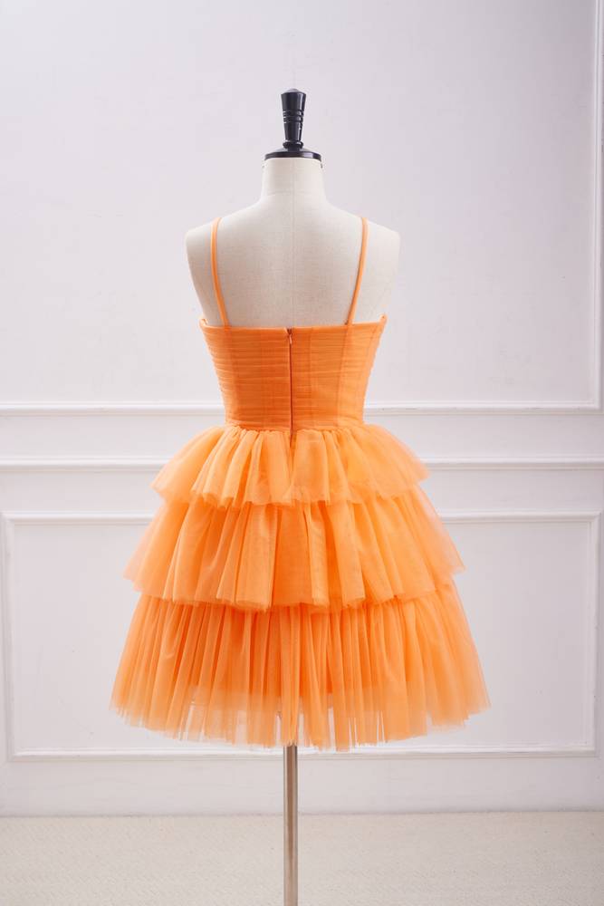 Orange Spaghetti Straps Tiered Tulle Homecoming Dresses
