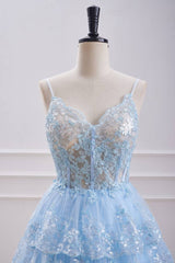 Sky Blue V-Neck A-Line Tulle Homecoming Dresses with Appliques