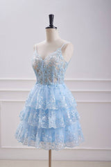 Sky Blue V-Neck A-Line Tulle Homecoming Dresses with Appliques