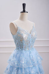 Sky Blue V-Neck A-Line Tulle Homecoming Dresses with Appliques