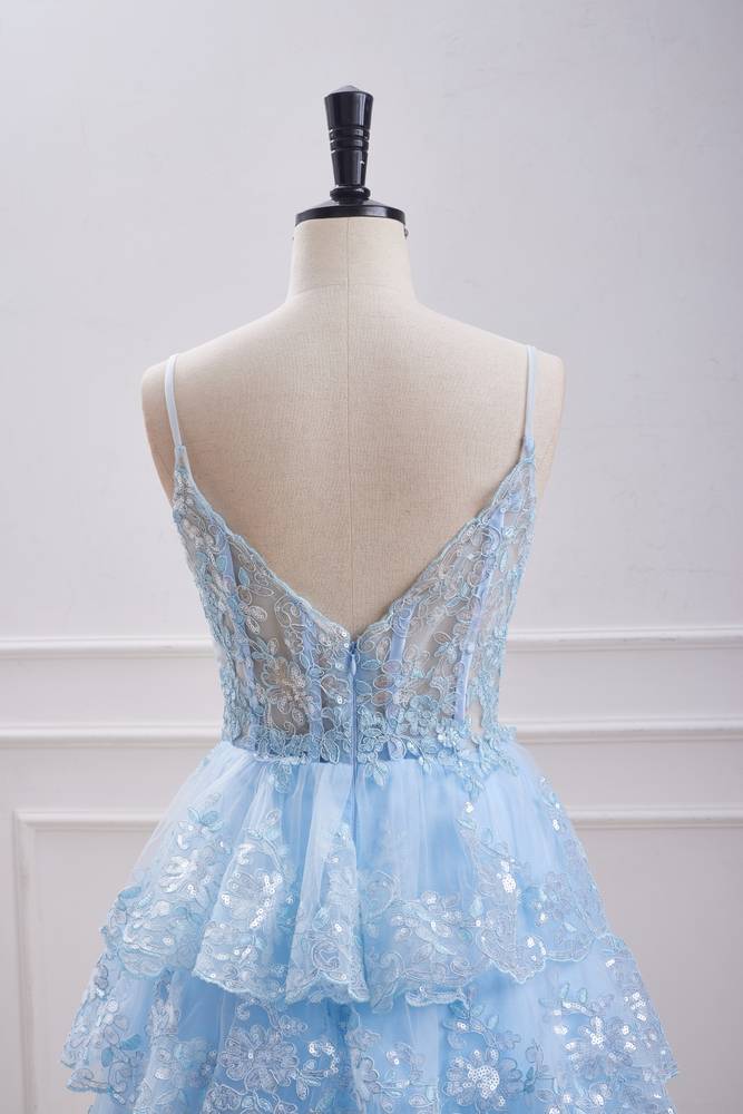 Sky Blue V-Neck A-Line Tulle Homecoming Dresses with Appliques