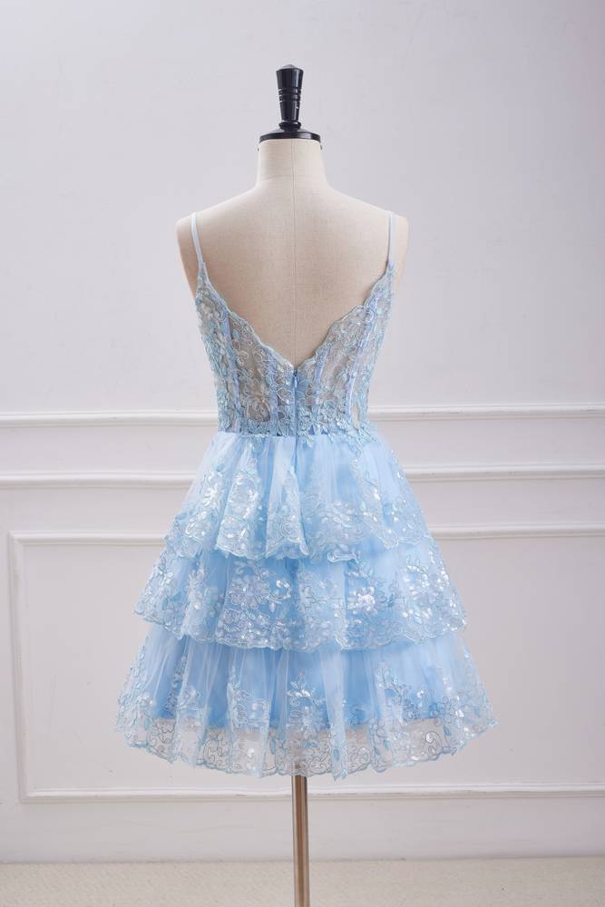 Sky Blue V-Neck A-Line Tulle Homecoming Dresses with Appliques