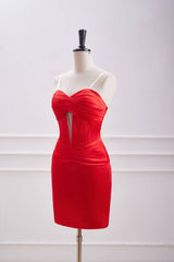 Red Strapless Sweetheart Sheath Satin Prom Dresses