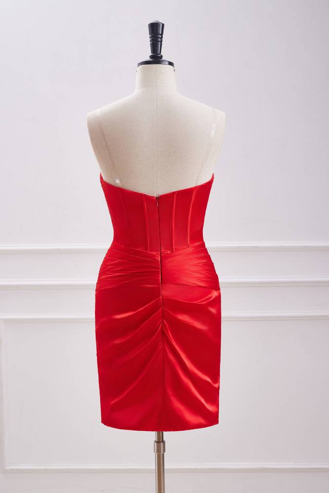 Red Strapless Sweetheart Sheath Satin Prom Dresses