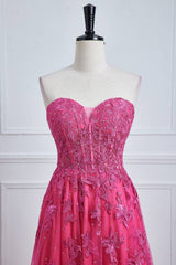 Fuchsia Sweetheart Tulle Split Front Party Dresses with Appliques