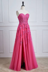 Fuchsia Sweetheart Tulle Split Front Party Dresses with Appliques