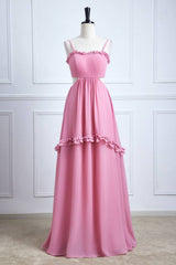 Pink A-Line Spaghetti Straps Chiffon Party Dresses with Open Back