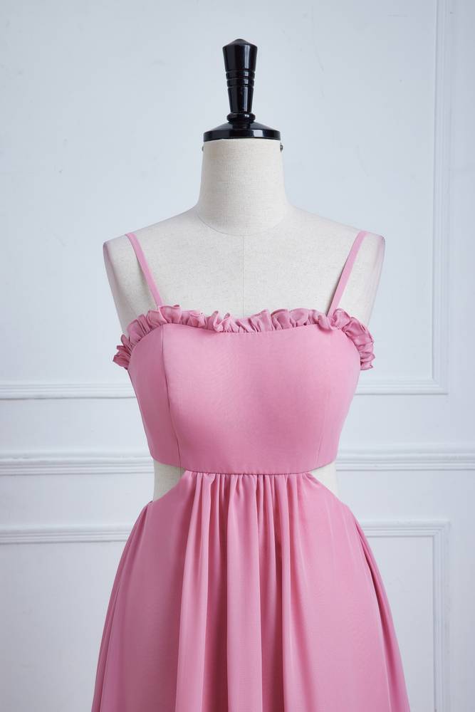 Pink A-Line Spaghetti Straps Chiffon Party Dresses with Open Back