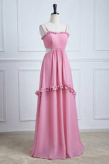 Pink A-Line Spaghetti Straps Chiffon Party Dresses with Open Back