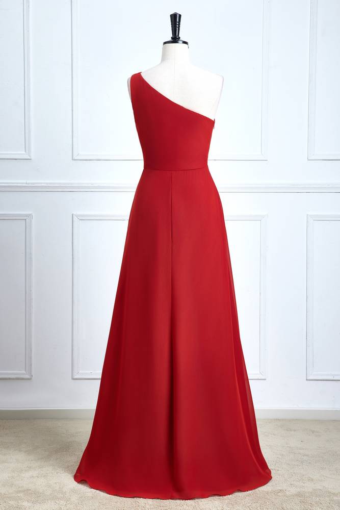 Red One-Shoulder Sleeveless Chiffon Prom Dresses with Slit