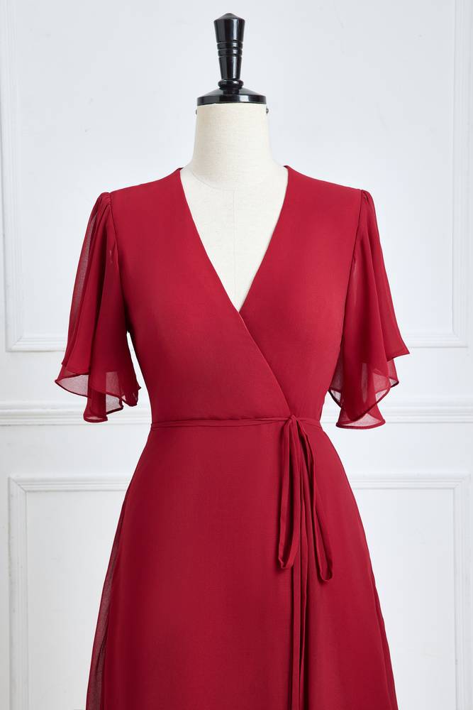 Red V-Neck Chiffon Short Sleeves A-Line Formal Dresses