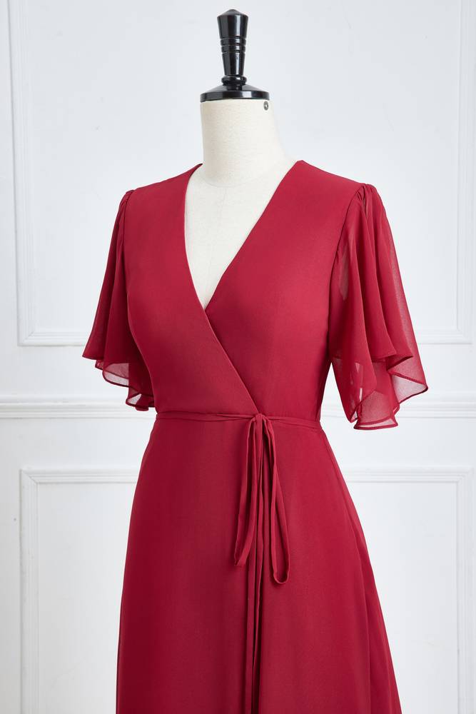 Red V-Neck Chiffon Short Sleeves A-Line Formal Dresses