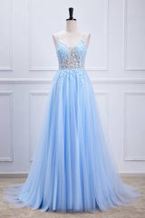 Sky Blue Spaghetti Straps Tulle Prom Dresses with Appliques