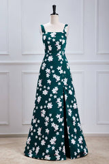 Dark Green Square Neck A-Line Satin Print Flora Prom Dresses