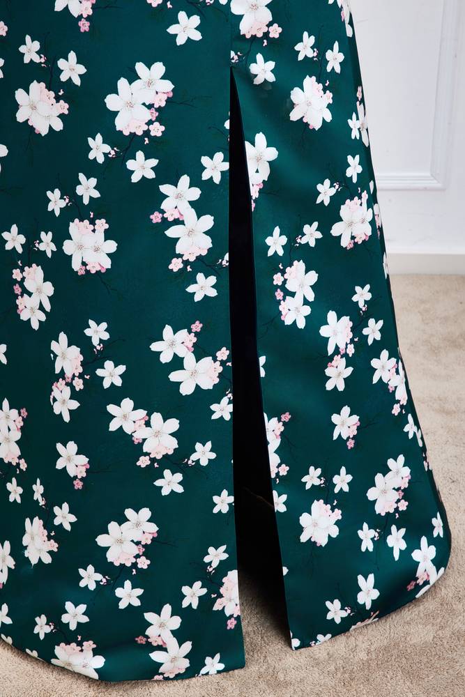 Dark Green Square Neck A-Line Satin Print Flora Prom Dresses