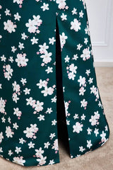 Dark Green Square Neck A-Line Satin Print Flora Prom Dresses