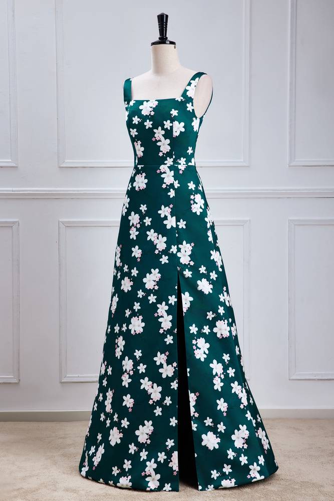 Dark Green Square Neck A-Line Satin Print Flora Prom Dresses
