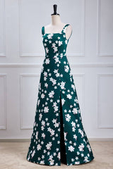 Dark Green Square Neck A-Line Satin Print Flora Prom Dresses