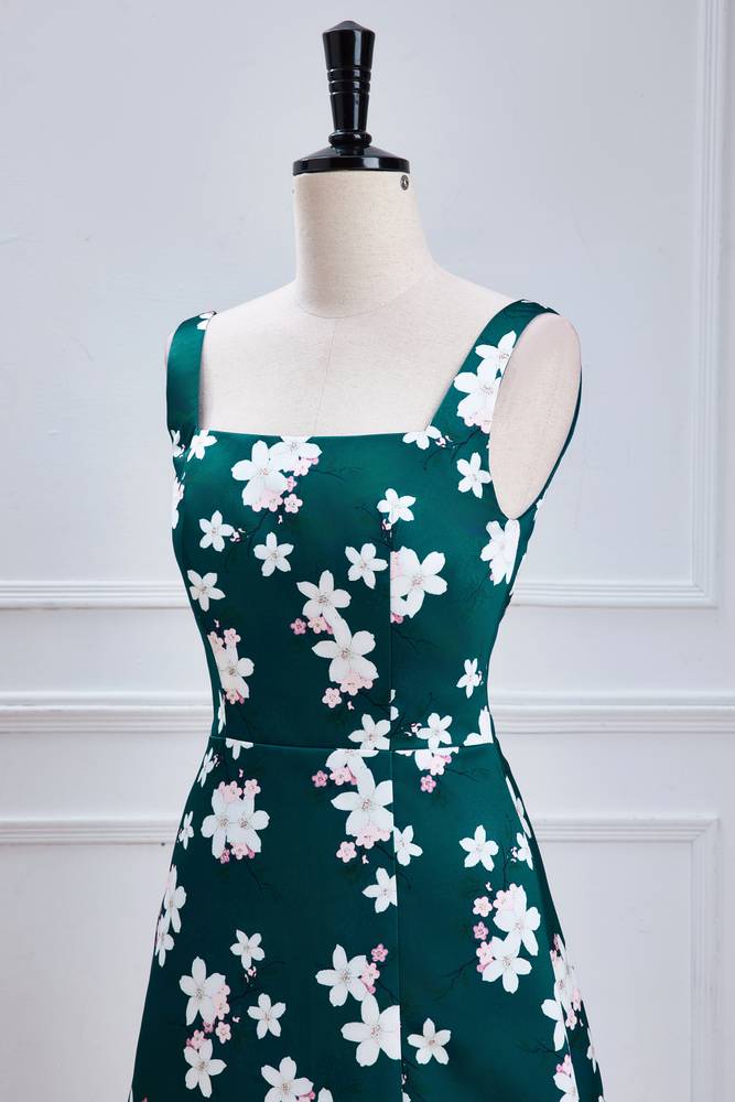 Dark Green Square Neck A-Line Satin Print Flora Prom Dresses