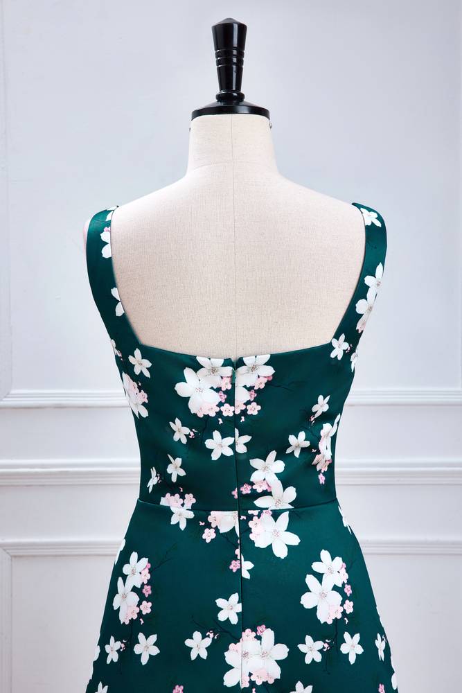 Dark Green Square Neck A-Line Satin Print Flora Prom Dresses