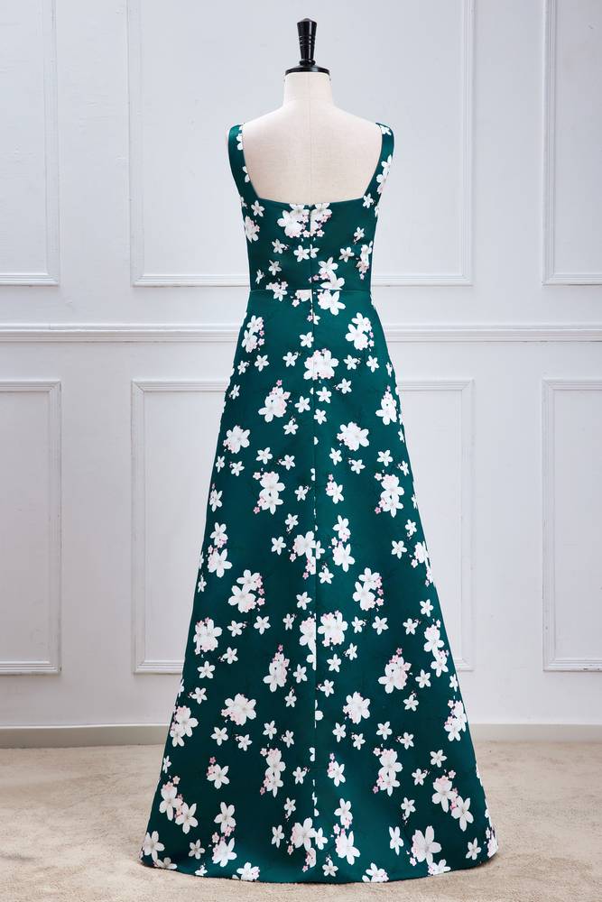 Dark Green Square Neck A-Line Satin Print Flora Prom Dresses