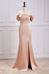 Deluxe Off-The-Shoulder Satin Mermaid Prom Dresses with Slit