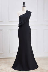 Black One-Shoulder Stretch Satin Mermaid Prom Dresses