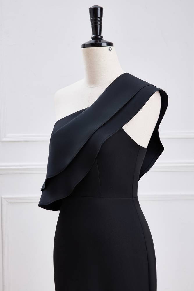 Black One-Shoulder Stretch Satin Mermaid Prom Dresses