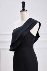 Black One-Shoulder Stretch Satin Mermaid Prom Dresses