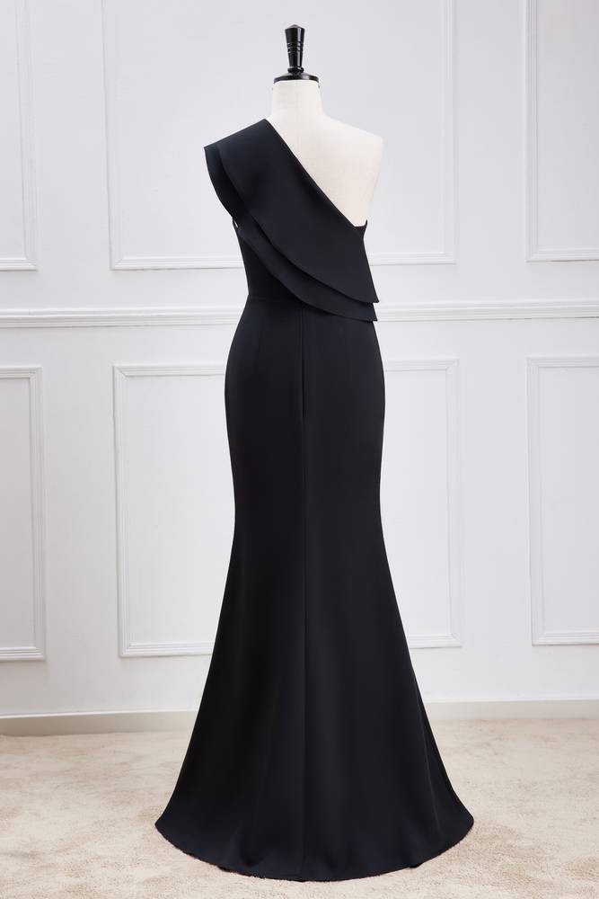 Black One-Shoulder Stretch Satin Mermaid Prom Dresses