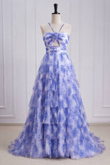 Lavender Tiered A-Line Tulle Sleeveless Floral Prom Dresses