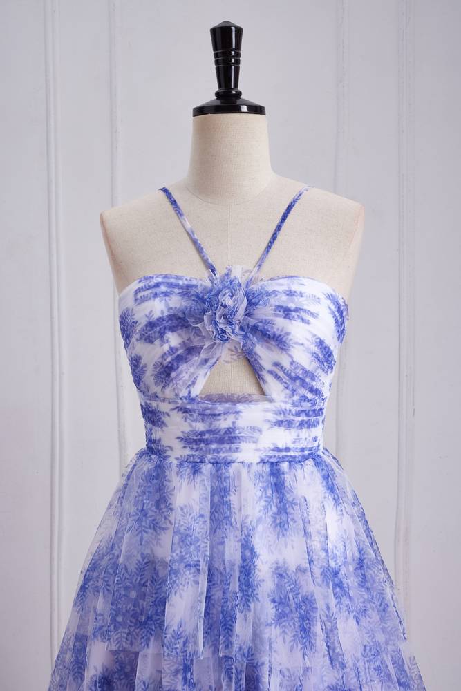 Lavender Tiered A-Line Tulle Sleeveless Floral Prom Dresses