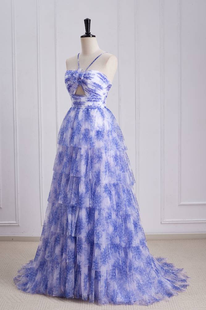 Lavender Tiered A-Line Tulle Sleeveless Floral Prom Dresses