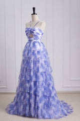 Lavender Tiered A-Line Tulle Sleeveless Floral Prom Dresses