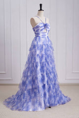 Lavender Tiered A-Line Tulle Sleeveless Floral Prom Dresses