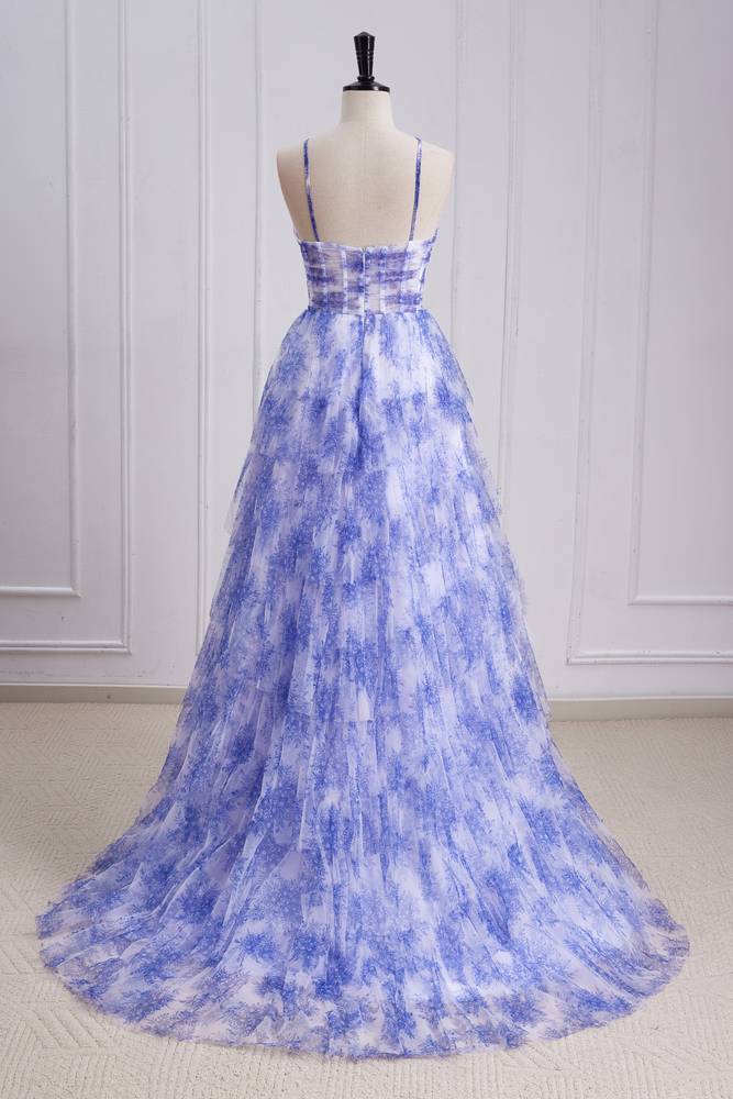 Lavender Tiered A-Line Tulle Sleeveless Floral Prom Dresses