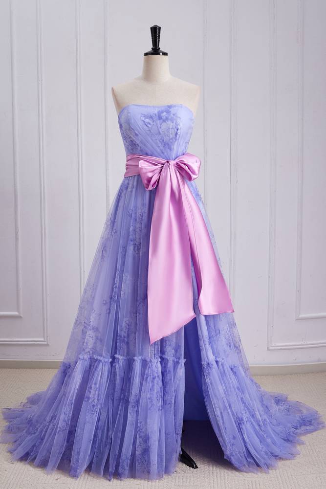 Lavender A-Line Tulle Strapless Floral Prom Dresses with Sash