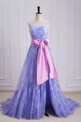 Lavender A-Line Tulle Strapless Floral Prom Dresses with Sash