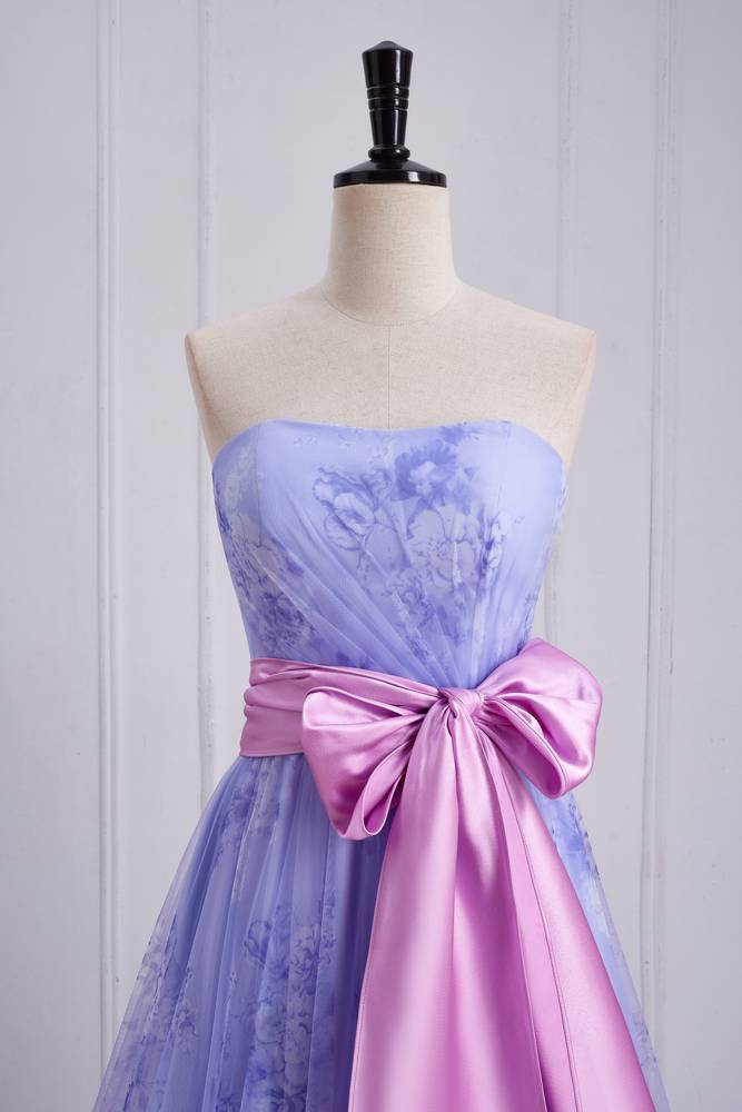 Lavender A-Line Tulle Strapless Floral Prom Dresses with Sash