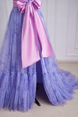 Lavender A-Line Tulle Strapless Floral Prom Dresses with Sash