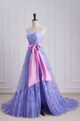 Lavender A-Line Tulle Strapless Floral Prom Dresses with Sash