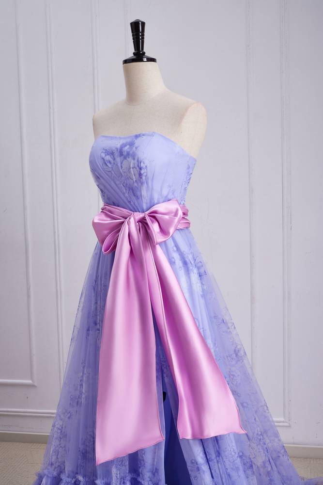 Lavender A-Line Tulle Strapless Floral Prom Dresses with Sash