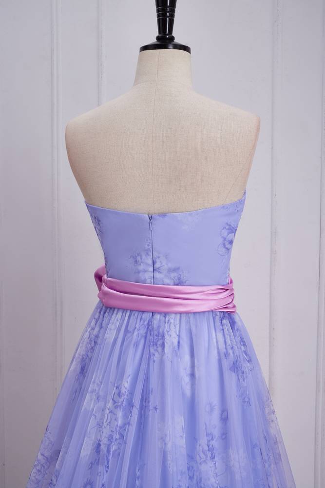 Lavender A-Line Tulle Strapless Floral Prom Dresses with Sash