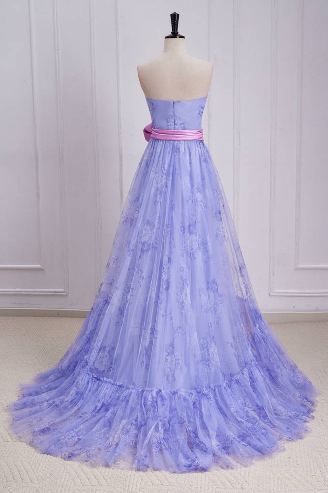 Lavender A-Line Tulle Strapless Floral Prom Dresses with Sash