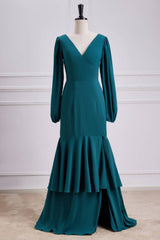 V-Neck Long Sleeves Mermaid Bridesmaid Dresses with Slit