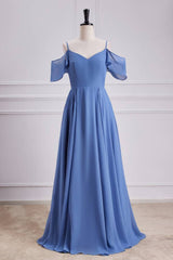 Blue Spaghetti Straps Off-The-Shoulder Bridesmaid Dresses
