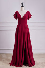 Red V-Neck Short Sleeves Chiffon Bridesmaid Dresses with Slit