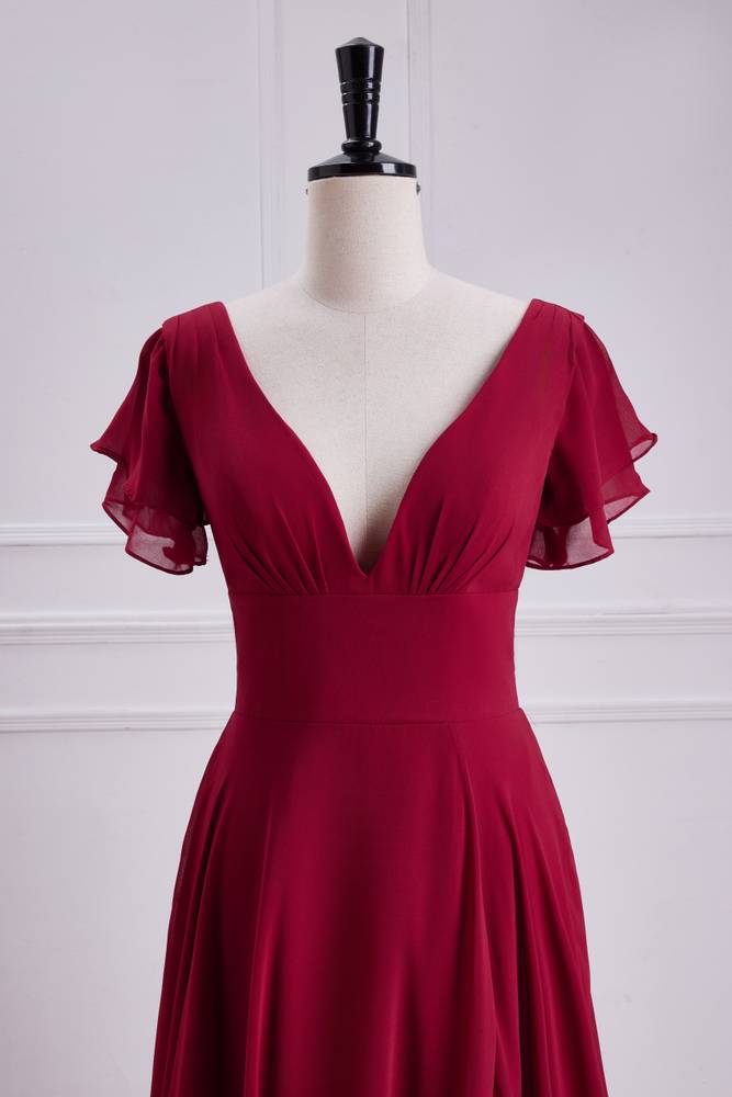 Red V-Neck Short Sleeves Chiffon Bridesmaid Dresses with Slit